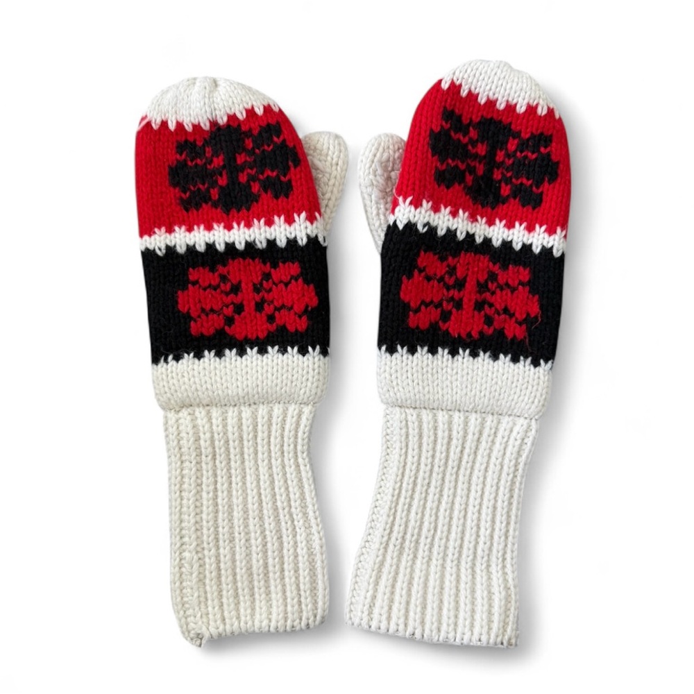 Vintage Red Black Knit Wool Mittens Nordic Pattern Retro Winter Gloves Handmade